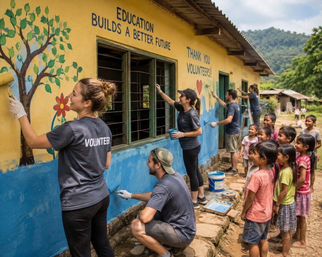 The Most Meaningful Travel Experiences You Can Have 3 Meaningful Travel Experiences. Group of volunteers painting a school in a rural village, showcasing positive impact.