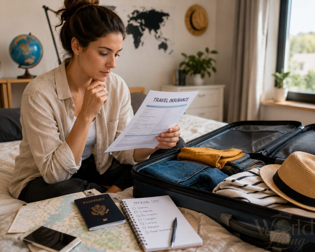 How to Stay Safe While Exploring Alone Without Stress 2 Stay Safe While Exploring Alone. A woman looking at travel insurance documents while packing.