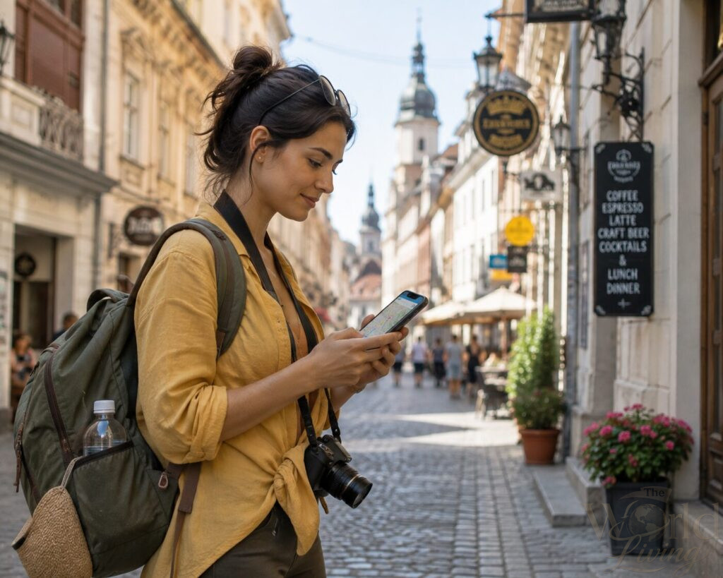 How to Stay Safe While Exploring Alone Without Stress 3 Stay Safe While Exploring Alone. A solo female traveler using a smartphone for navigation in a foreign city.