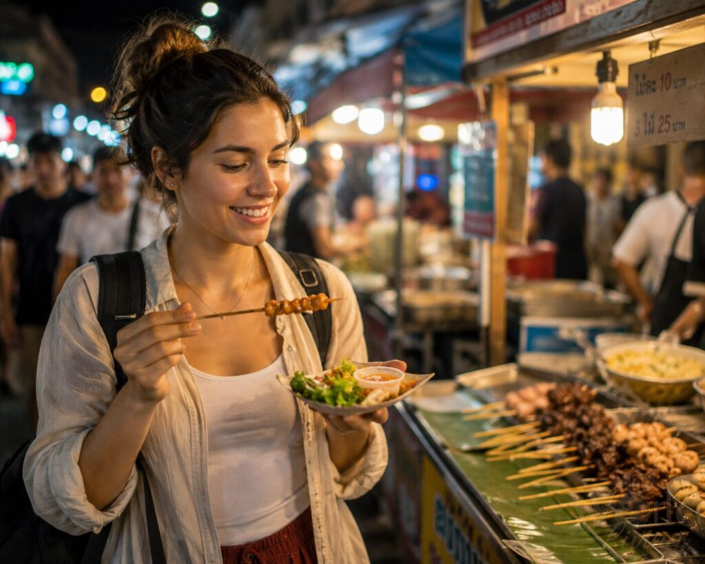 How to Balance Comfort and Budget While Traveling 3 Balance Comfort and Budget. Traveler enjoying street food at a local market.