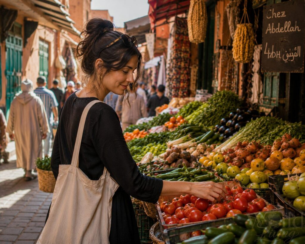 How to Travel Like a Local Instead of a Tourist 2 Travel Like a Local. Woman browsing fresh produce at a vibrant local market in Marrakech.