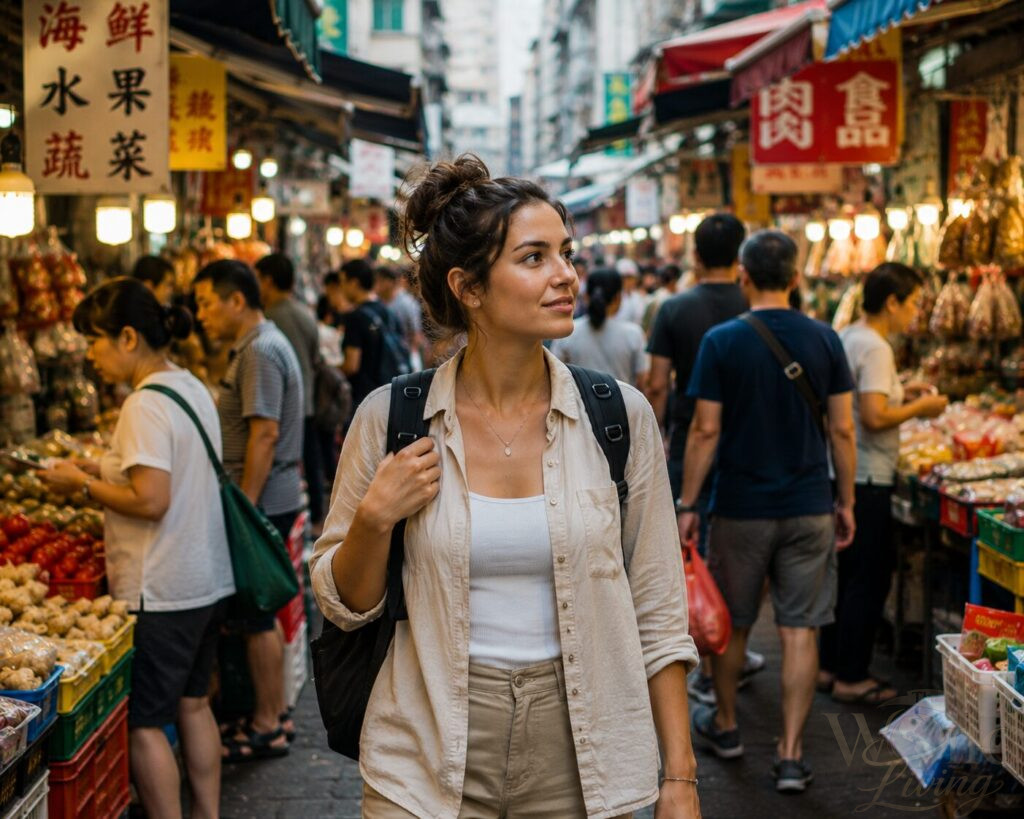 How to Build Confidence Through Solo Travel 2 Build Confidence Through Solo Travel. Woman confidently navigating a bustling market during solo travel.