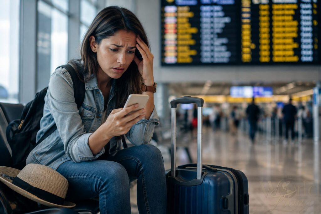 The Emotional Side of Traveling Nobody Talks About 2 The Emotional Side of Travel. Anxious traveler checking her phone at the airport.