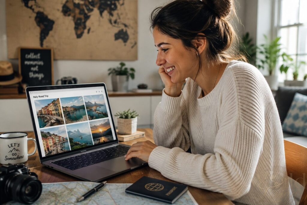 The Emotional Side of Traveling Nobody Talks About 3 The Emotional Side of Travel.
Woman looking at travel photos on her laptop, smiling.