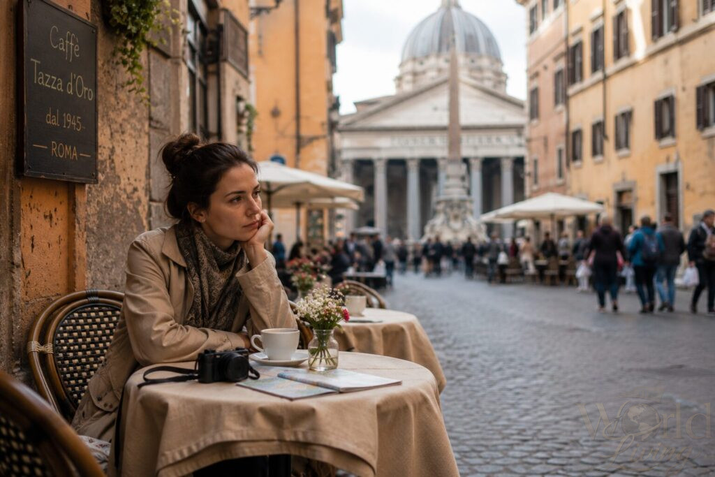 The Truth About Loneliness While Traveling Alone 2 Loneliness While Traveling. Woman sitting alone at a cafe in Rome, feeling lonely while traveling alone.