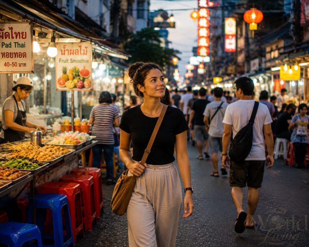 Solo Travel Tips That Actually Make a Difference 2 Solo Travel Tips. A woman confidently walking through a bustling market, showcasing safe solo travel.