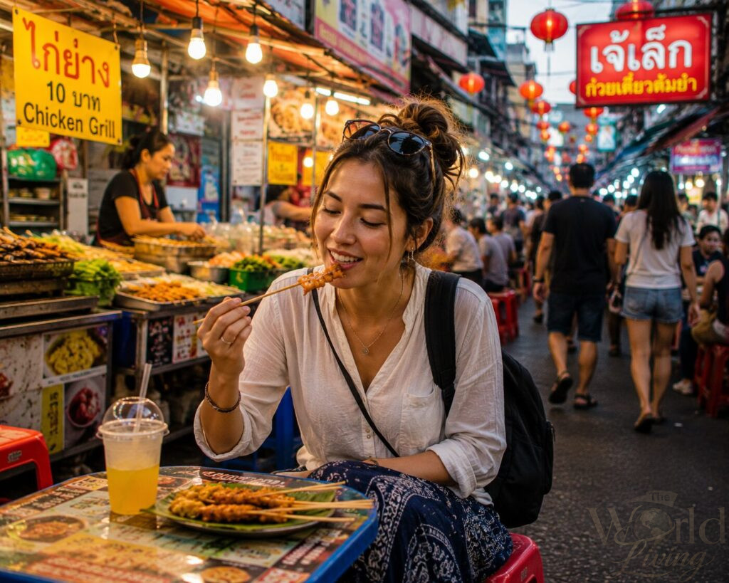 Solo Travel Tips That Actually Make a Difference 3 Solo Travel Tips. A person enjoying street food in a vibrant Asian market, representing budget-friendly solo travel.