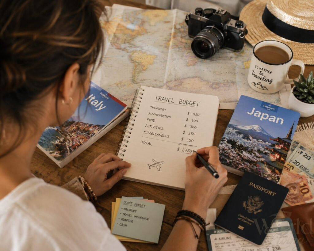 Smart Travel Tips That Will Save You Money Instantly 3 Smart Travel Tips. A traveler meticulously planning their budget in a notebook, surrounded by maps and travel guides.