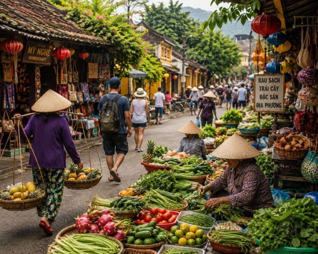 How to Experience Culture Deeper When Traveling Alone 3 How to Experience Culture Deeper.
A bustling local market in a small Vietnamese village, showcasing local produce and crafts.