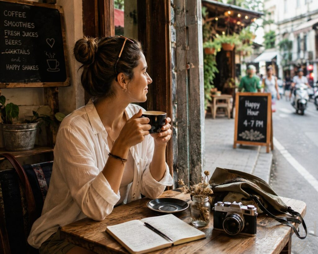 Why Solo Travel Helps You Connect More With Local Life 2 Solo Travel Helps You Connect More. Solo traveler enjoying coffee at a local cafe.