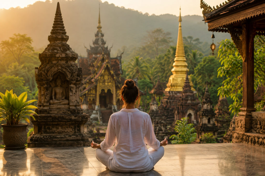 What It Feels Like to Travel Alone in Asia for the First Time 2 Travel Alone in Asia for the First Time. Woman meditating at a serene Buddhist temple in Southeast Asia.