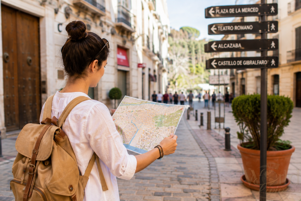 Solo Travel Experiences That Feel Life-Changing 2 Solo Travel Experiences. Woman with backpack consulting a map in a foreign city, solo travel safety.