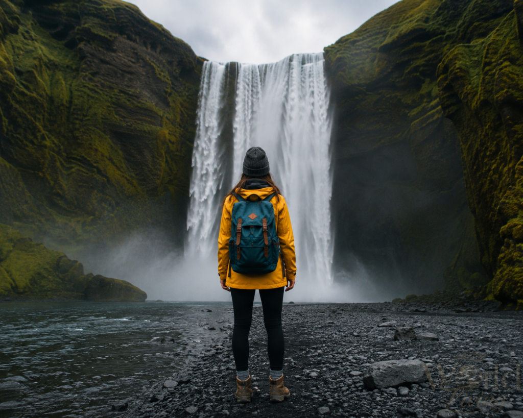 Solo Travel Experiences That Feel Life-Changing 3 Solo Travel Experiences. Solo traveler standing in front of a waterfall in Iceland, life changing experience.