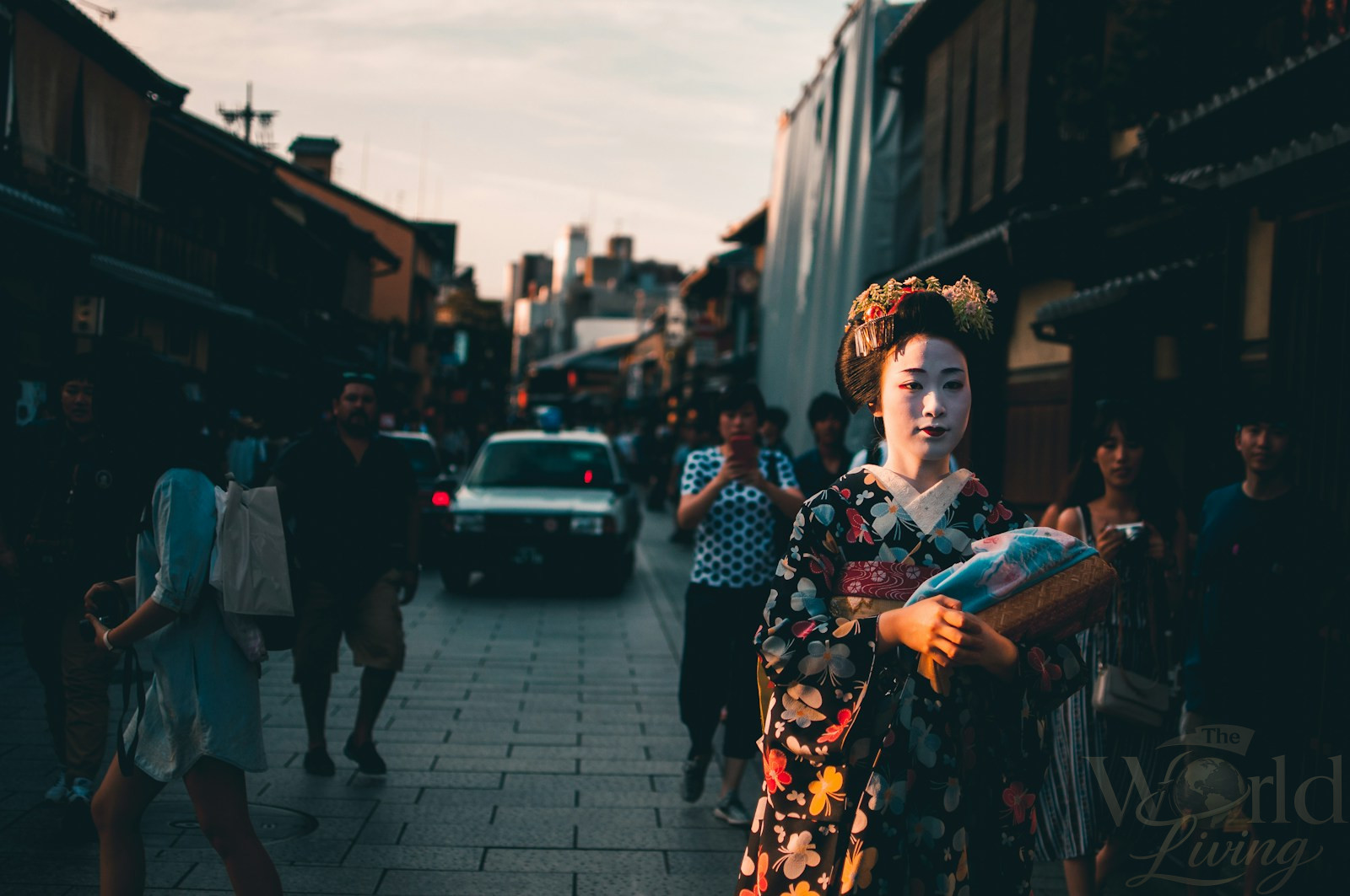 Places Where Tradition and Modern Life Blend Perfectly 2 Geisha costume. A geisha gracefully walks through Kyoto's Gion district, a perfect example of blending tradition with modern life.