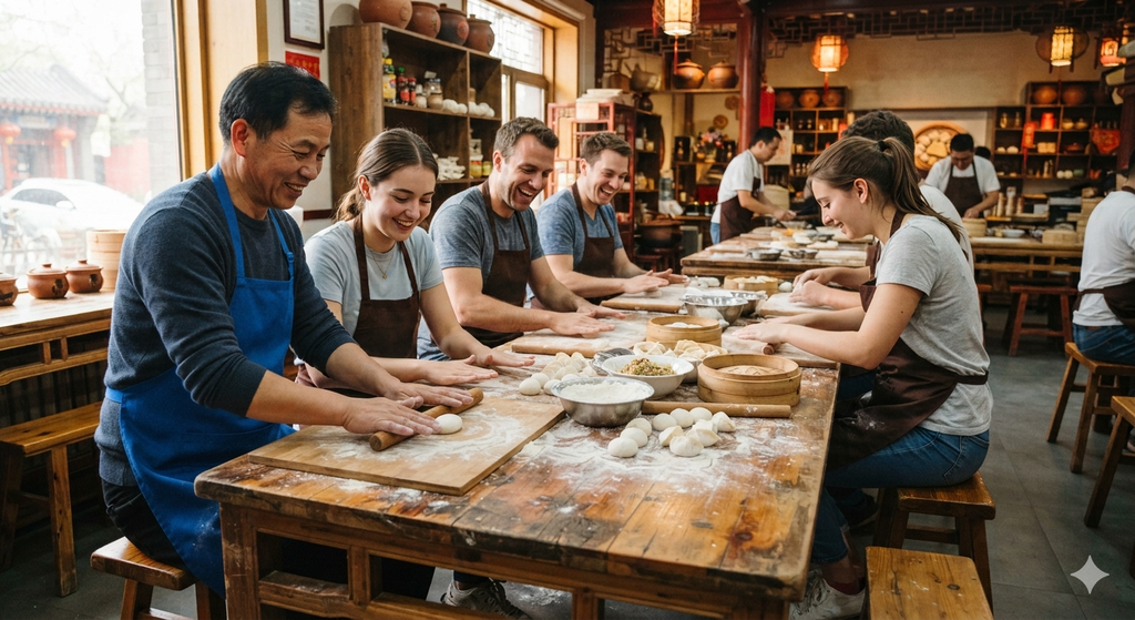 Best Dumpling-Making Classes to Try in China 2 Best Dumpling-Making Classes to Try in China workshop scene with participants rolling dough on a wooden table