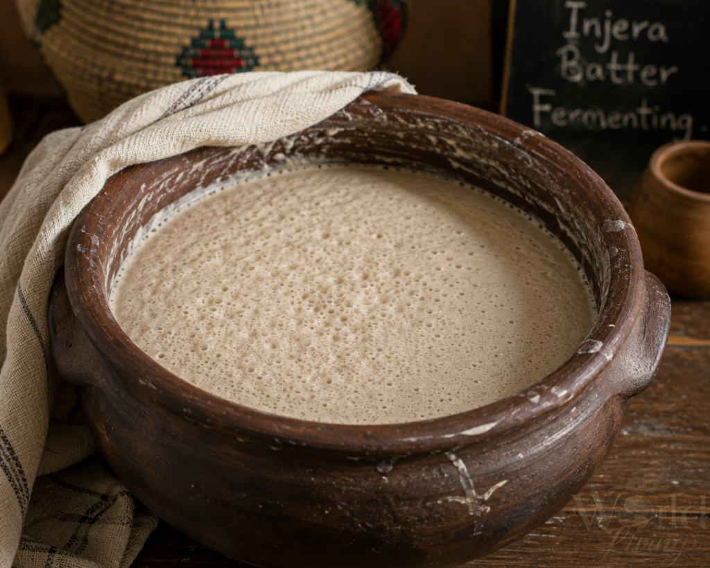 How to Make Homemade Ethiopian Injera 2 Homemade Ethiopian Injera. Homemade injera batter fermenting in a clay pot.
