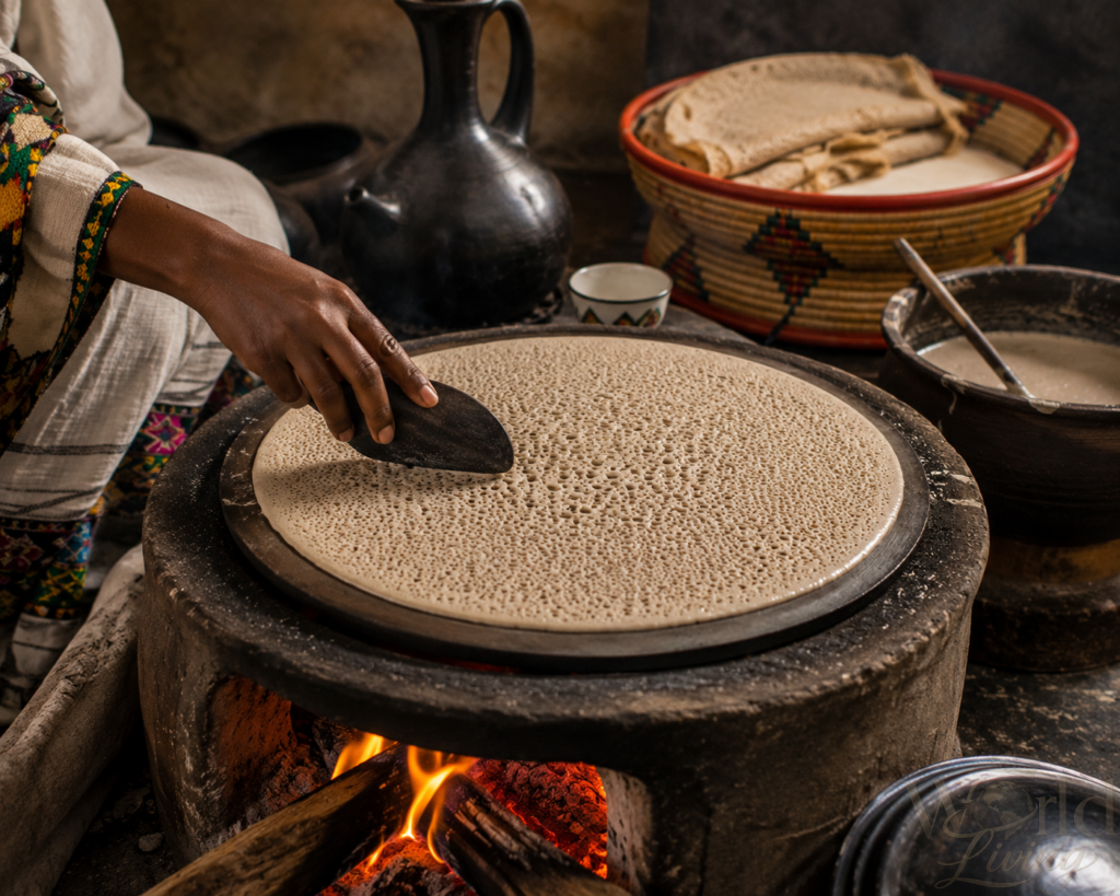 How to Make Homemade Ethiopian Injera 3 Homemade Ethiopian Injera. Cooking traditional Ethiopian injera on clay griddle.