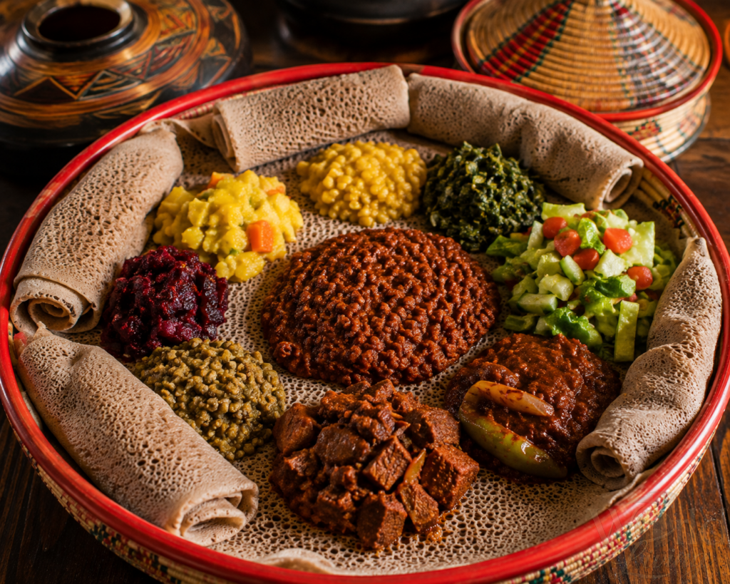 How to Make Homemade Ethiopian Injera 4 Homemade Ethiopian Injera. Traditional Ethiopian injera platter with stews.