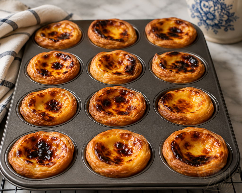 A Simple Recipe for Portuguese Custard Tarts 3 Portuguese Custard Tarts. Freshly baked Portuguese Custard Tarts with caramelized tops, cooling in a muffin tin.