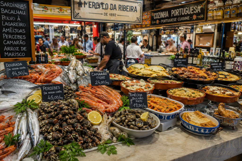 Must-Try Dishes in Portugal Beyond Custard Tarts 2 Must-Try Dishes in Portugal. Portuguese food market with fresh seafood and local dishes.