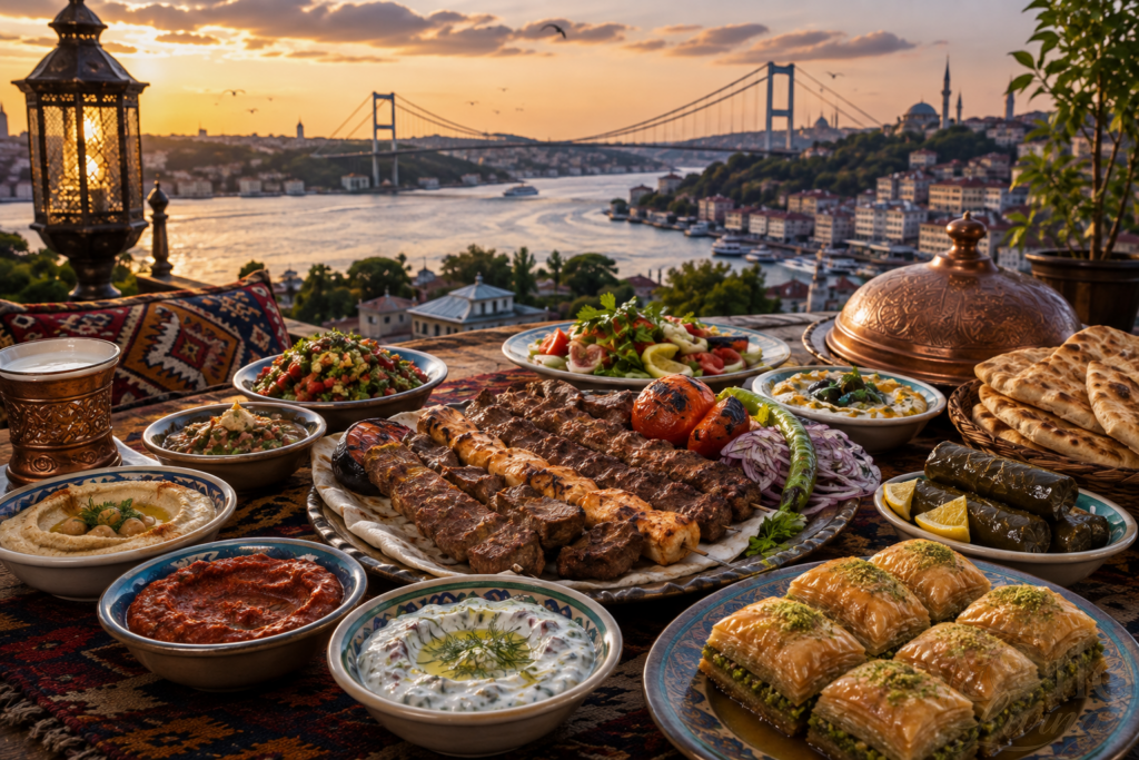 What Makes Turkish Cuisine a Bridge Between Continents 2 Turkish Cuisine. Turkish cuisine bridge between continents food spread with kebabs mezze and baklava.