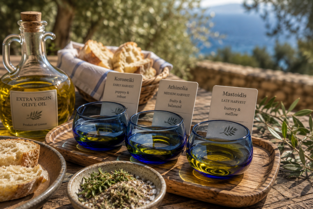 Best Olive Oil Tasting Tours in Greece 3 Olive Oil Tasting Tours in Greece. Close-up of olive oil tasting with bread and herbs in Greece.