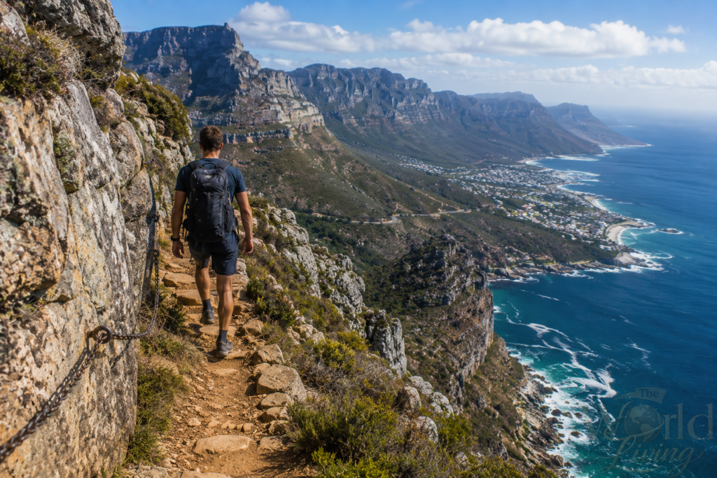 Best Hiking Trails Near Cape Town for Every Level 3 Hiking Trails Near Cape Town. hiker on a challenging trail near Cape Town with steep drop-offs.