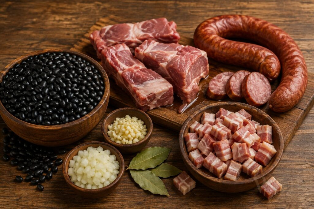 A Simple Recipe for Brazilian Feijoada 2 Brazilian Feijoada. a True Brazilian Feijoada. Feijoada Method. Tips. Essential Ingredients. Raw ingredients for Brazilian feijoada including black beans, smoked sausages, pork ribs, and bacon on wooden table