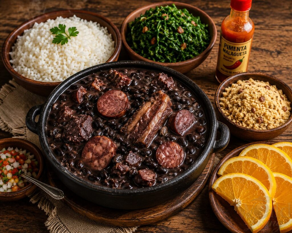 A Simple Recipe for Brazilian Feijoada 3 Brazilian Feijoada. a True Brazilian Feijoada. Feijoada Method. Tips. Essential Ingredients. Complete Brazilian feijoada meal with rice, collard greens, farofa, orange slices, and hot sauce