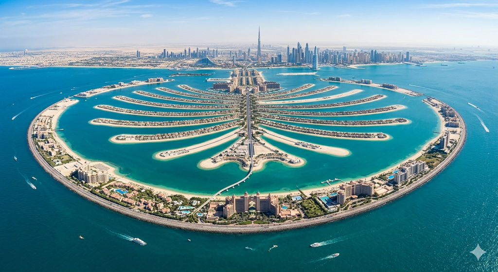 Dubai City Guide: Modern Marvels and Desert Escapes 3 Dubai City, Palm Jumeirah aerial view showing unique palm shape.