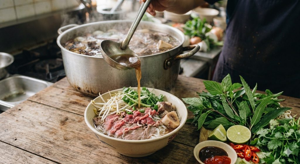 How to Make Authentic Vietnamese Pho at Home 3 assembling authentic Vietnamese pho bowl with fresh herbs.