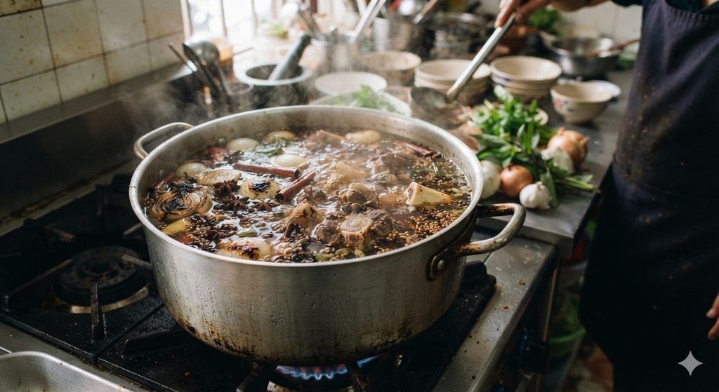 How to Make Authentic Vietnamese Pho at Home 2 authentic Vietnamese pho broth simmering with spices.