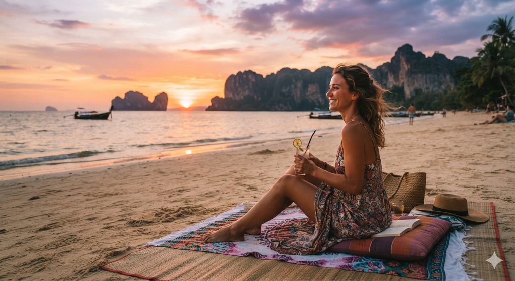 The Best Countries in Asia for First-Time Solo Travelers 2 Asia for First-Time Solo Travelers. Woman relaxing on a beach in Thailand, enjoying the sunset.