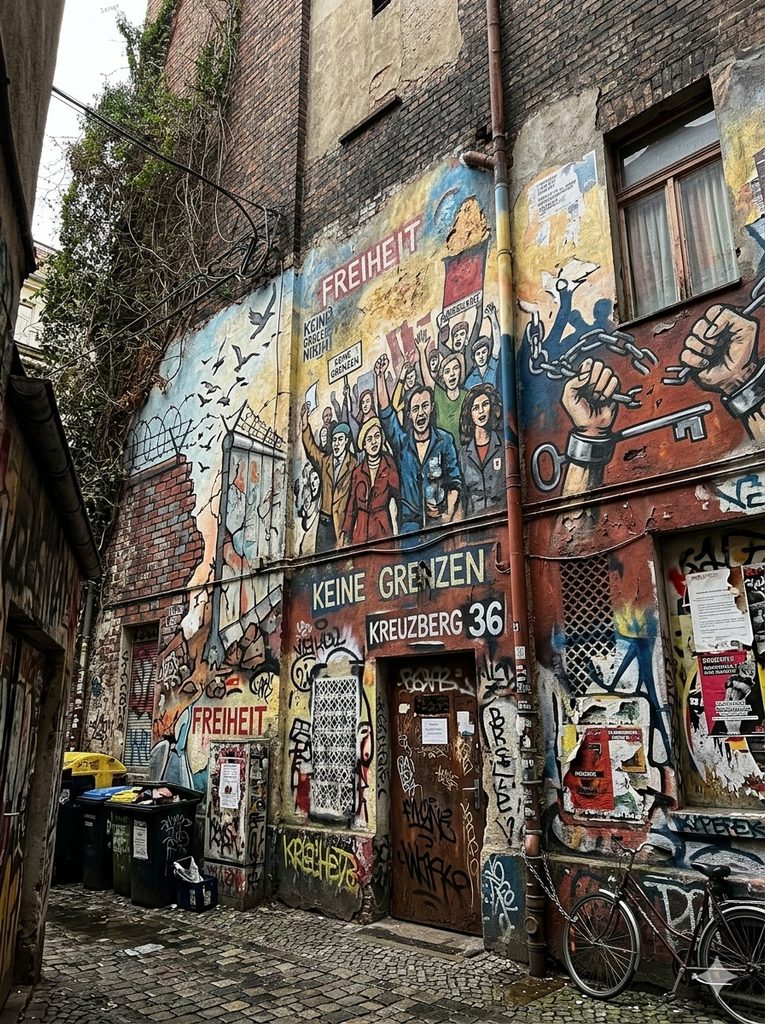 The Ultimate Berlin City Guide: History, Art & Nightlife 3 Berlin city guide, A close-up of a large, detailed street art mural in Kreuzberg — ideally one with a political or historical theme, in a narrow alley or hidden courtyard setting.
