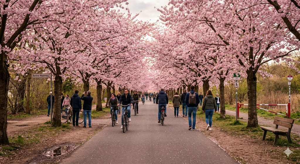 The Ultimate Berlin City Guide: History, Art & Nightlife 5 Berlin city guide, A path along the Mauerweg (Berlin Wall Trail) near Lichterfelde-Süd in full cherry blossom bloom — pink canopy overhead, the paved trail leading through it.