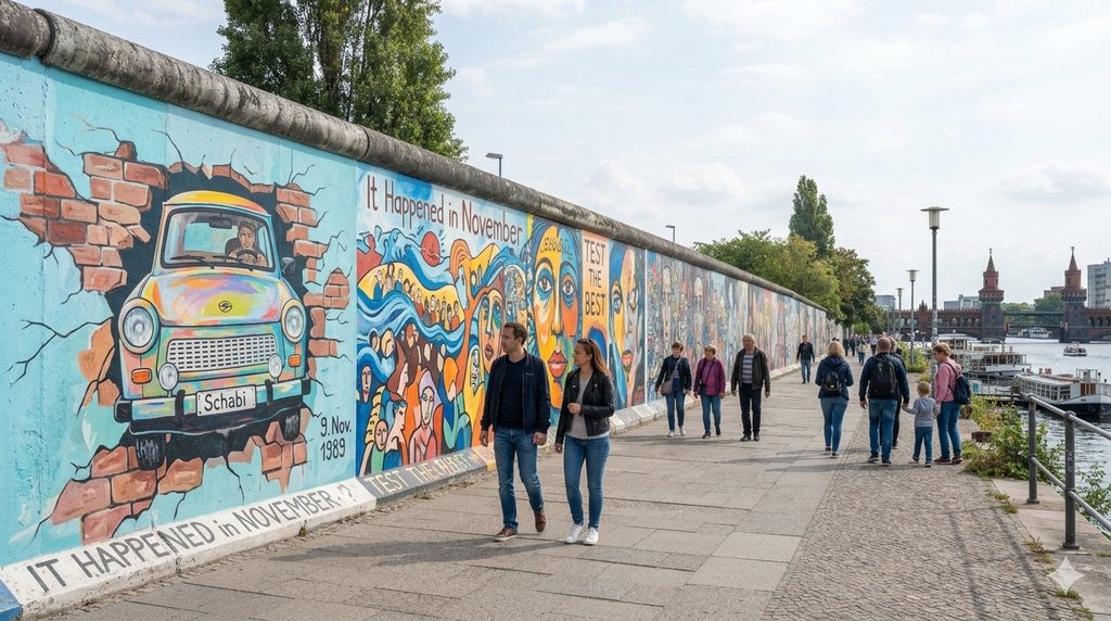 The Ultimate Berlin City Guide: History, Art & Nightlife 2 Berlin city guide, A wide shot of the East Side Gallery — colorful murals painted directly onto a surviving stretch of the Berlin Wall, with a few visitors walking along the path in front of it.