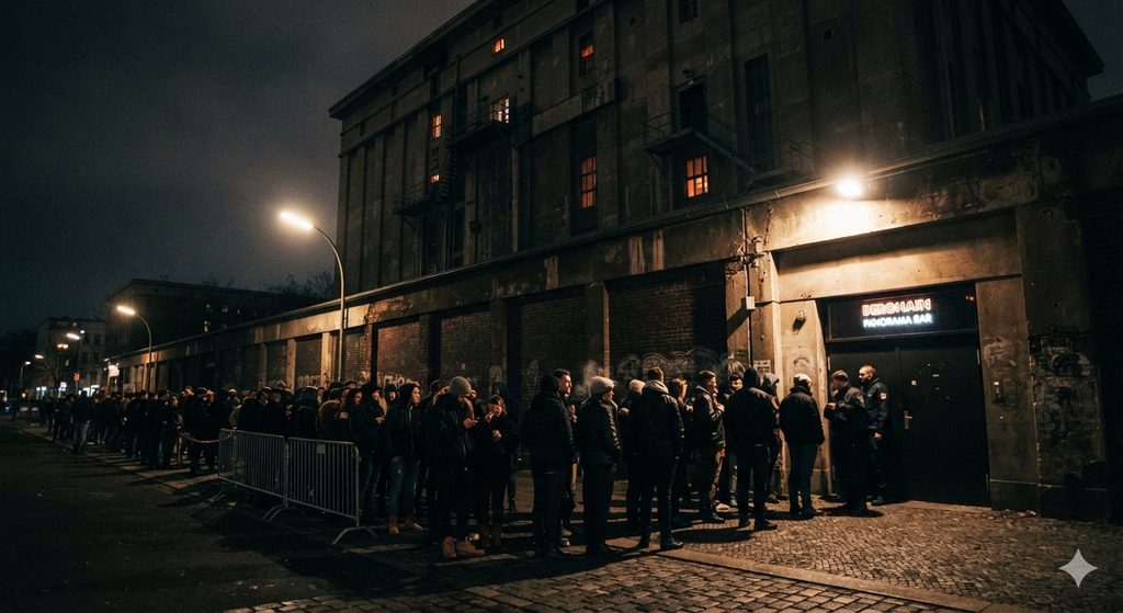 The Ultimate Berlin City Guide: History, Art & Nightlife 4 Berlin city guide, An exterior night shot of Berghain's imposing concrete facade, queue visible out front, lit by streetlights or a single spotlight.
