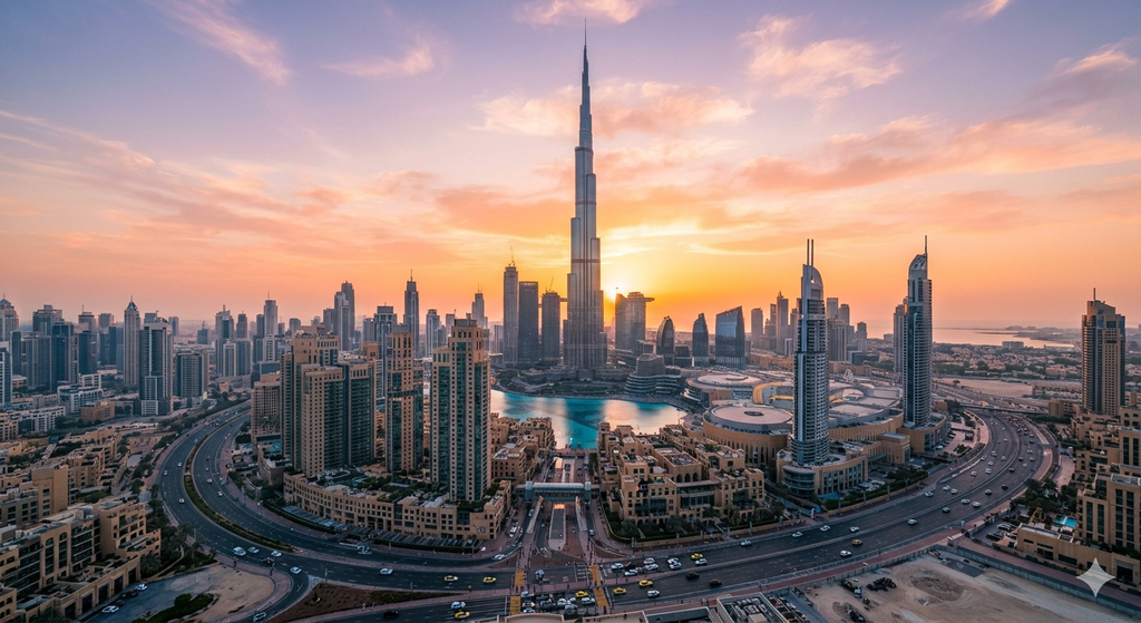 One Day in Dubai: The Perfect 24-Hour Itinerary 2 Burj Khalifa and Dubai skyline at sunrise, top things to do in one day in Dubai.