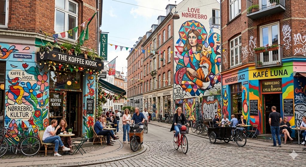 Best Copenhagen Neighborhoods: Where to Spend Your Weekend 4 Copenhagen neighborhoods, Colorful street art and cafes in Copenhagen Nørrebro neighborhood.