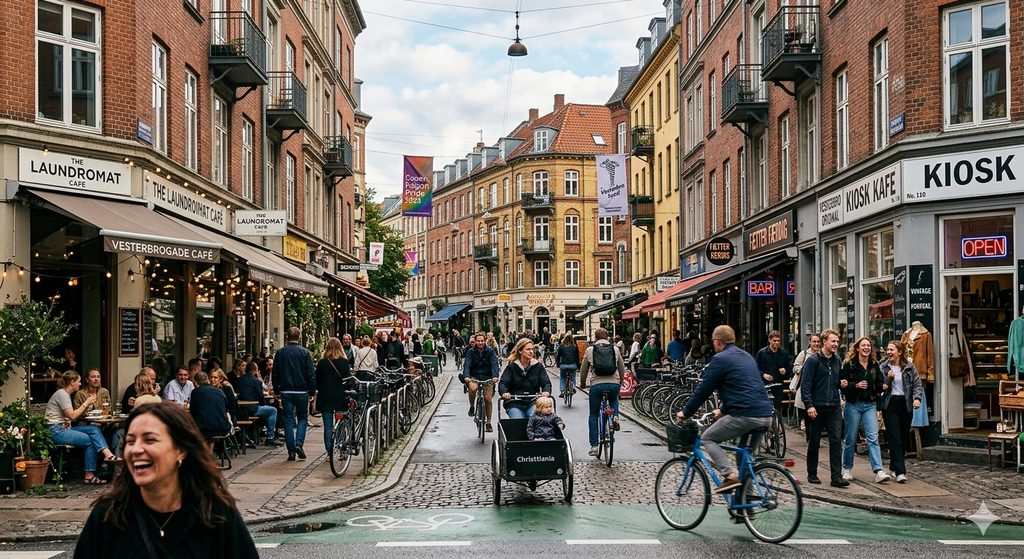 Best Copenhagen Neighborhoods: Where to Spend Your Weekend 3 Copenhagen neighborhoods, vibrant street life in Copenhagen Vesterbro district.