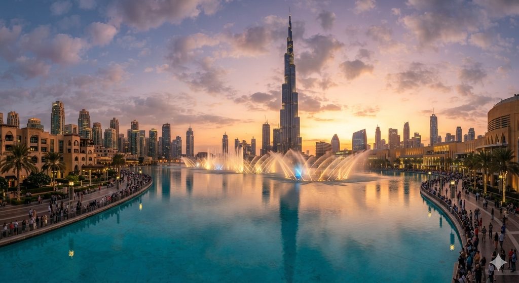 5 Day Dubai Itinerary: The Perfect Plan for First-Time Visitors 2 5 Day Dubai Itinerary, Dubai skyline with Burj Khalifa at sunset reflecting in Dubai Fountain.