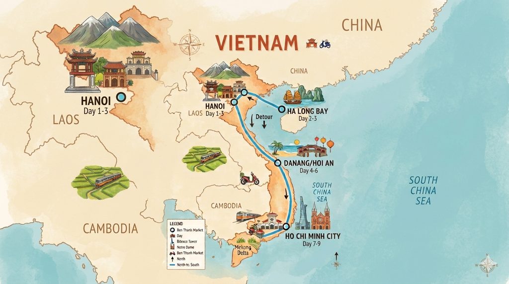 A 9-Day Vietnam Itinerary From North to South 2 Map of 9-day Vietnam itinerary from north to south.