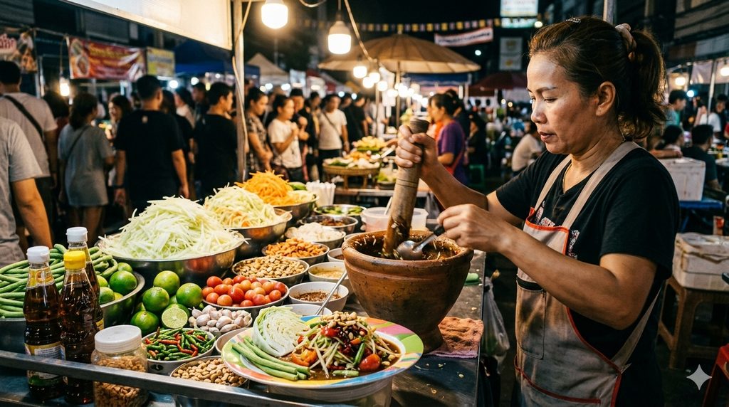 Must-Try Foods in Thailand: A Street Food Lover's Guide 3 Must-Try Foods in Thailand: Som tum green papaya salad being prepared at a Thai night market.