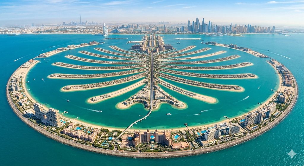 5 Day Dubai Itinerary: The Perfect Plan for First-Time Visitors 4 5 Day Dubai Itinerary, Palm Jumeirah aerial view showing iconic palm frond shape with luxury resorts.