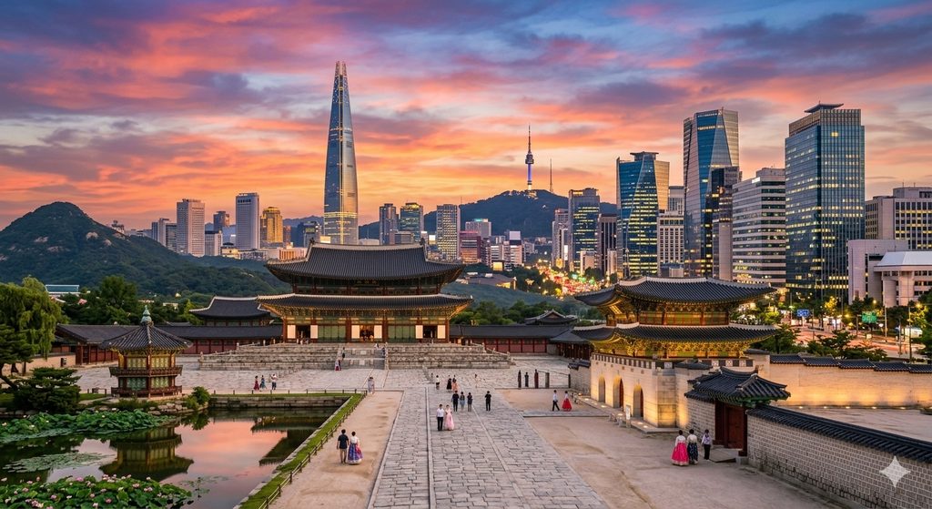Seoul City Guide: Old Palaces Meet Modern Streets 3 Seoul city guide featured image showing Gyeongbokgung Palace with modern skyscrapers in the background during sunset.
