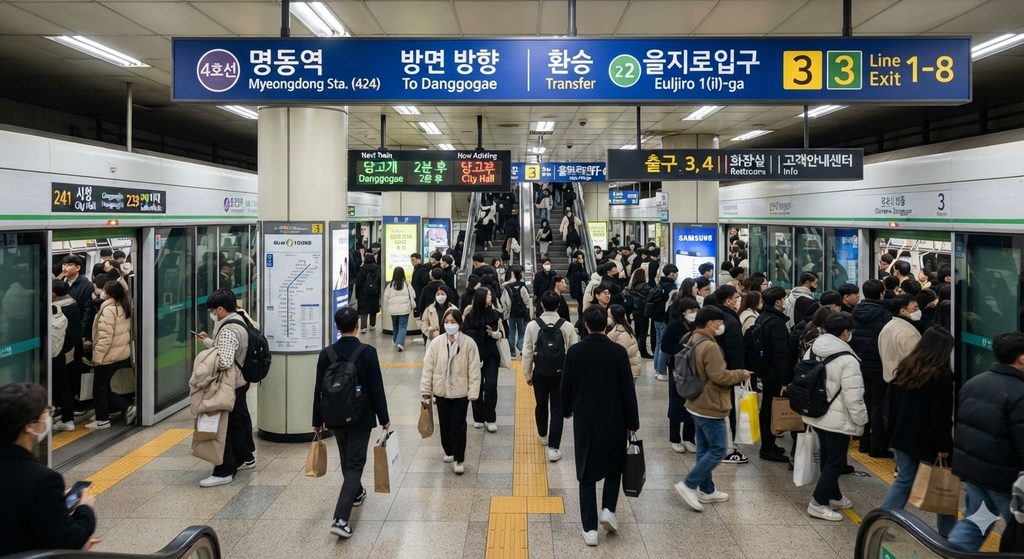 Seoul City Guide: Old Palaces Meet Modern Streets 2 Seoul city guide transportation overview showing busy subway station with signs in English and Korean.