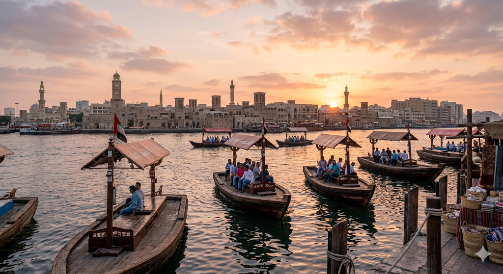 One Day in Dubai: The Perfect 24-Hour Itinerary 3 Traditional Abra boats on Dubai Creek at sunrise: things to do in one day in Dubai.
