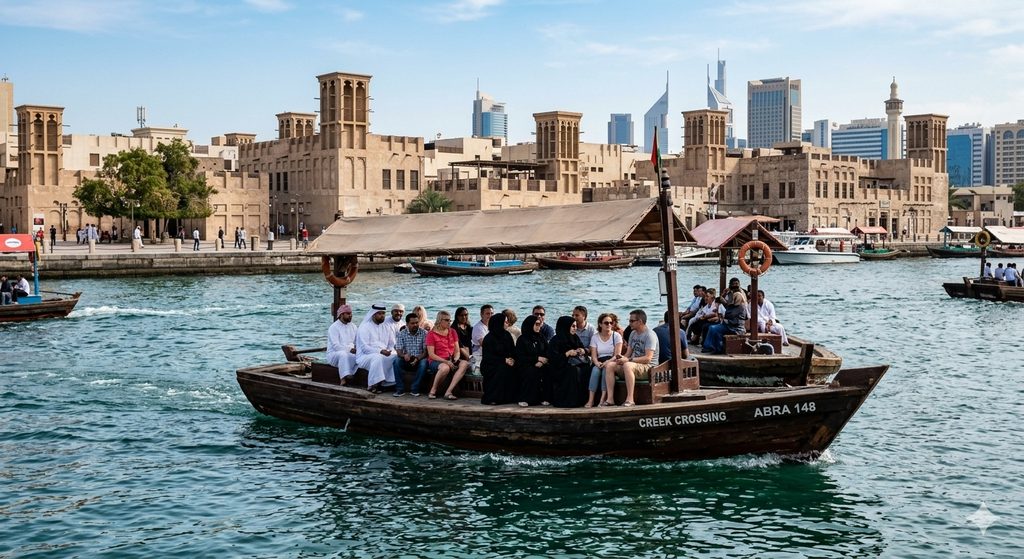 5 Day Dubai Itinerary: The Perfect Plan for First-Time Visitors 3 5 Day Dubai Itinerary, Traditional wooden abra boat crossing Dubai Creek at Al Fahidi district.