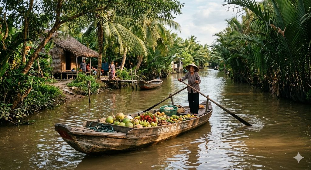 A 9-Day Vietnam Itinerary From North to South 4 Traditional wooden boat navigating canals in the Mekong Delta, 9-Day Vietnam Itinerary From North to South.
